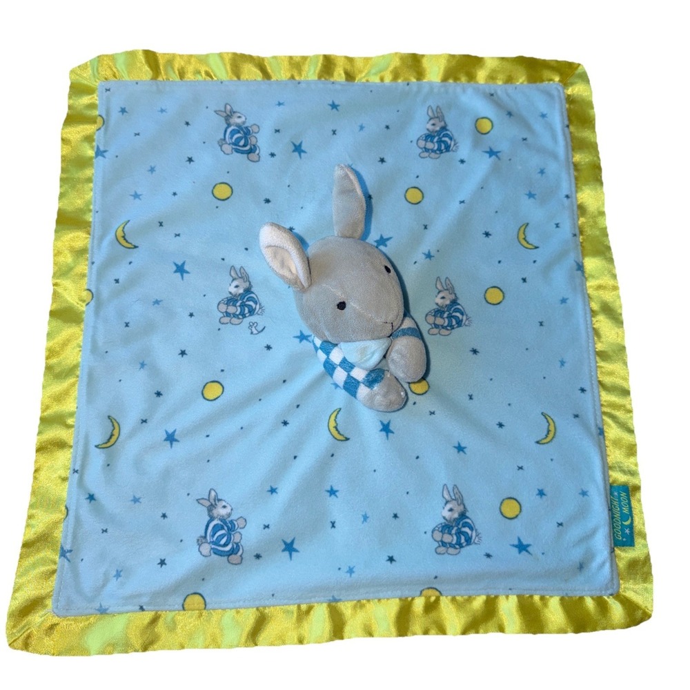 Goodnight Moon Plush Bunny Rabbit Lovey Blue & Yellow Trim Star Security Blanket